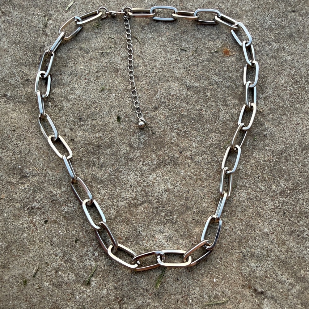 Silver Tone Paperclip Chain Necklace Adjustable Elongated Link 16-19 Inch Modern